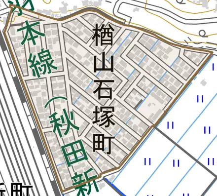 楢山石塚町とその周辺の地図。町の範囲を重ねている