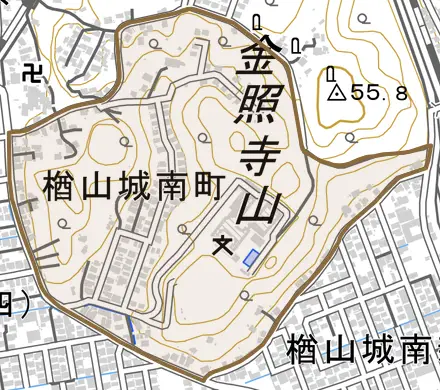 楢山城南町とその周辺の地図。町の範囲を重ねている