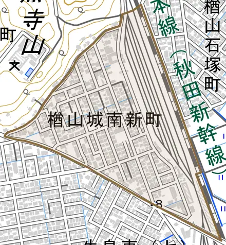 楢山城南新町とその周辺の地図。町の範囲を重ねている