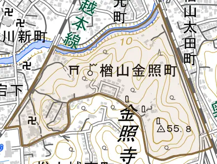 楢山金照町とその周辺の地図。町の範囲を重ねている