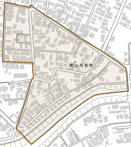 楢山共和町とその周辺の地図。町の範囲を重ねている