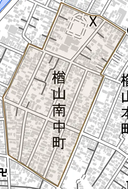 楢山南中町とその周辺の地図。町の範囲を重ねている