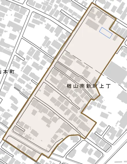 楢山南新町上丁とその周辺の地図。町の範囲を重ねている