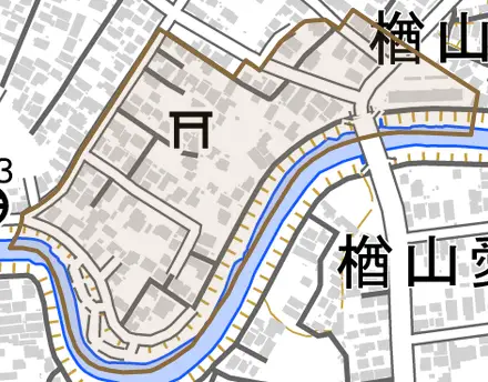 楢山南新町下丁とその周辺の地図。町の範囲を重ねている