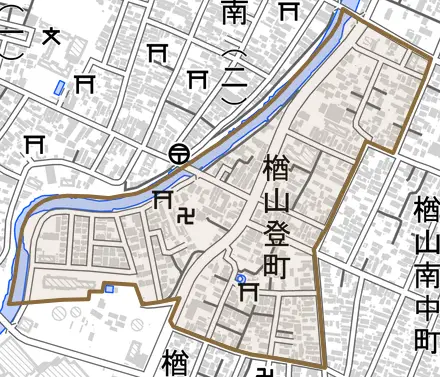 楢山登町とその周辺の地図。町の範囲を重ねている
