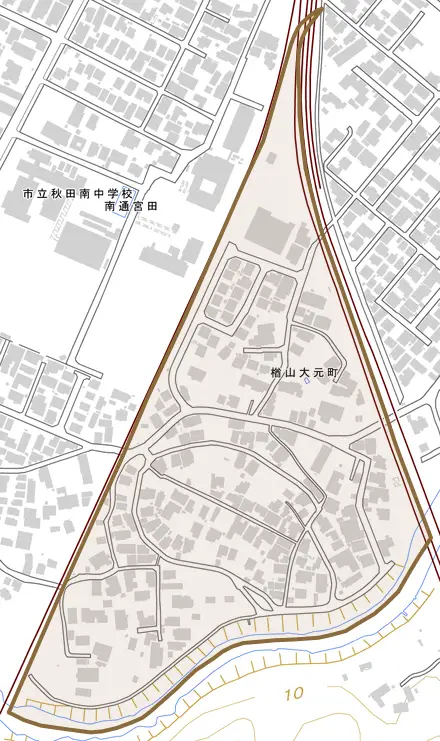 楢山大元町とその周辺の地図。町の範囲を重ねている