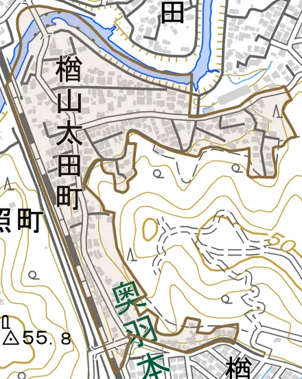 楢山太田町とその周辺の地図。町の範囲を重ねている