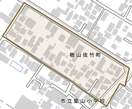 楢山佐竹町とその周辺の地図。町の範囲を重ねている
