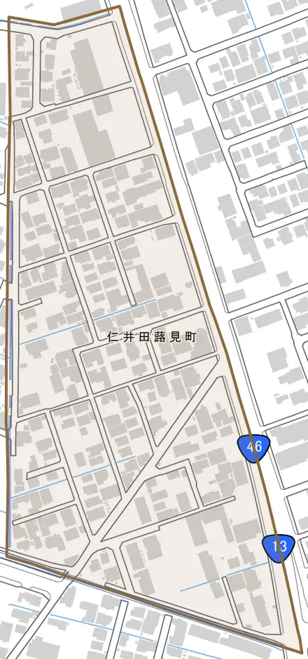 仁井田蕗見町とその周辺の地図。町の範囲を重ねている