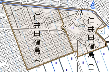 仁井田福島とその周辺の地図。町の範囲を重ねている