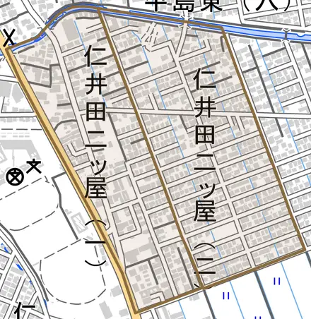 仁井田二ツ屋とその周辺の地図。町の範囲を重ねている