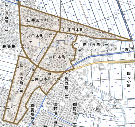 仁井田本町とその周辺の地図。町の範囲を重ねている