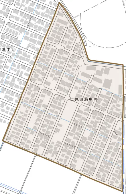 仁井田潟中町とその周辺の地図。町の範囲を重ねている