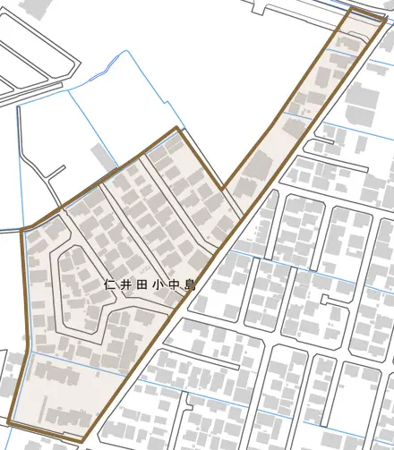 仁井田小中島とその周辺の地図。町の範囲を重ねている