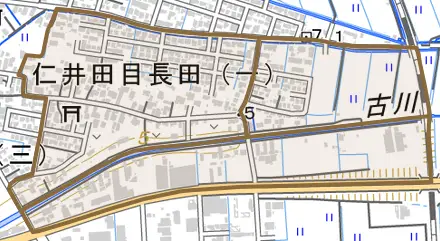 仁井田目長田とその周辺の地図。町の範囲を重ねている