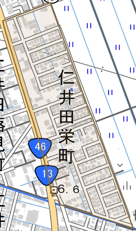 仁井田栄町とその周辺の地図。町の範囲を重ねている