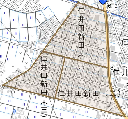 仁井田新田とその周辺の地図。町の範囲を重ねている