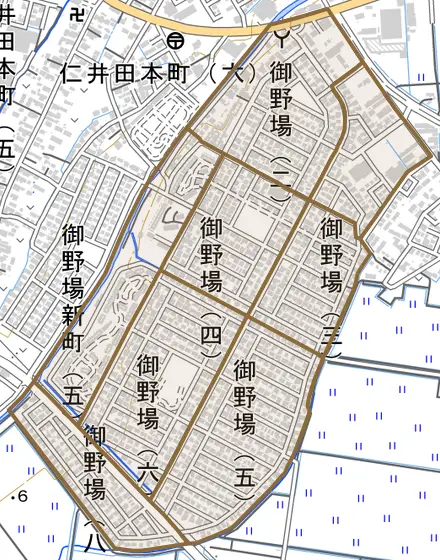 御野場とその周辺の地図。町の範囲を重ねている