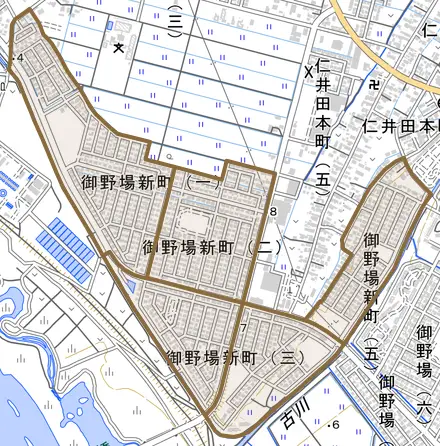 御野場新町とその周辺の地図。町の範囲を重ねている
