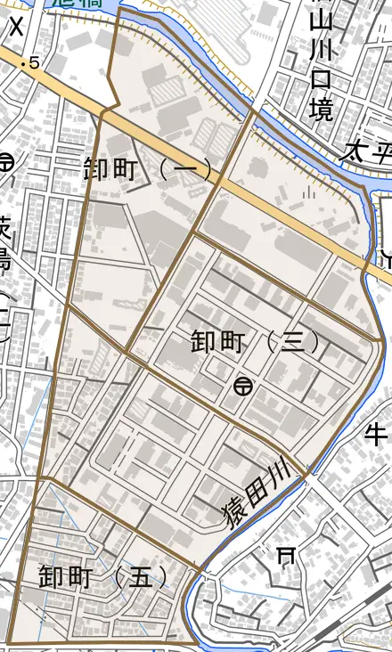 卸町とその周辺の地図。町の範囲を重ねている