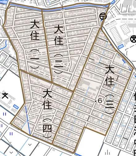 大住とその周辺の地図。町の範囲を重ねている