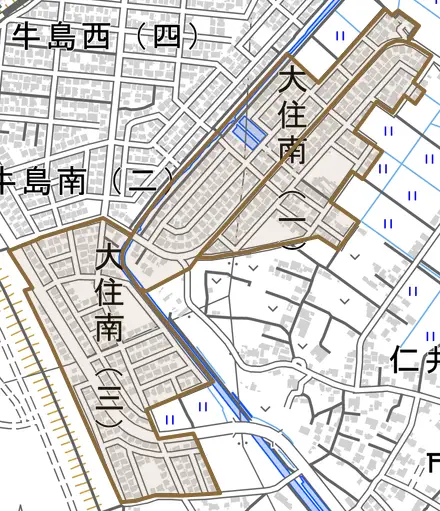 大住南とその周辺の地図。町の範囲を重ねている