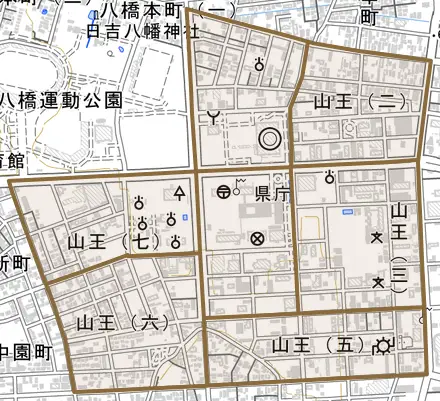 山王とその周辺の地図。町の範囲を重ねている
