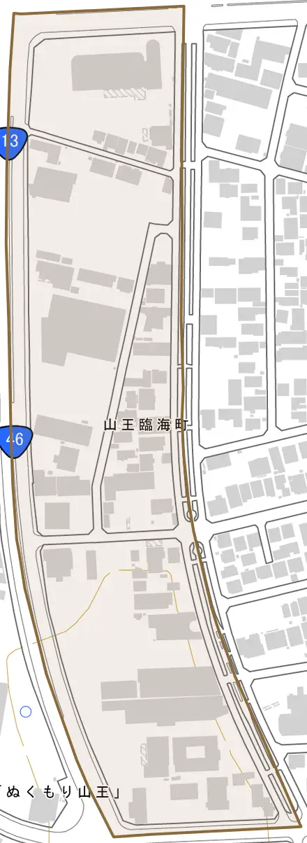 山王臨海町とその周辺の地図。町の範囲を重ねている