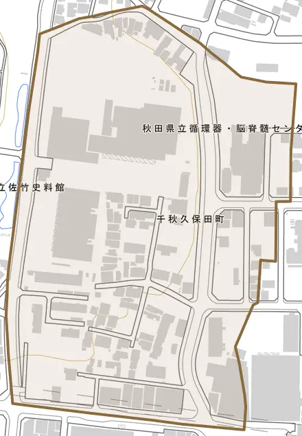 千秋久保田町とその周辺の地図。町の範囲を重ねている