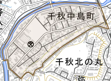 千秋中島町とその周辺の地図。町の範囲を重ねている