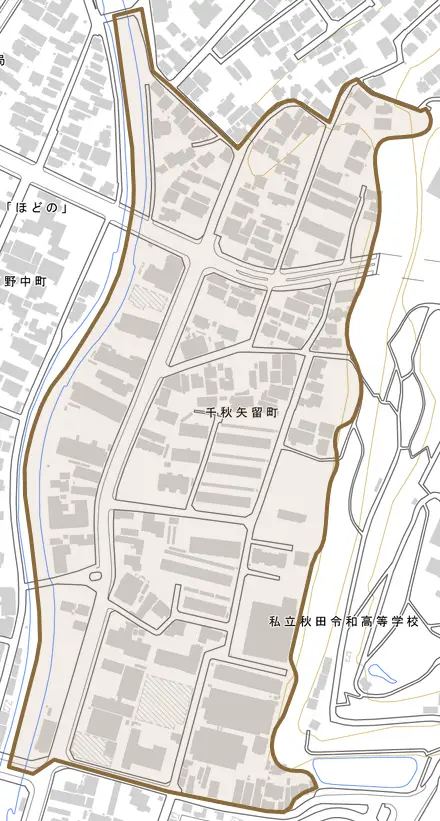 千秋矢留町とその周辺の地図。町の範囲を重ねている