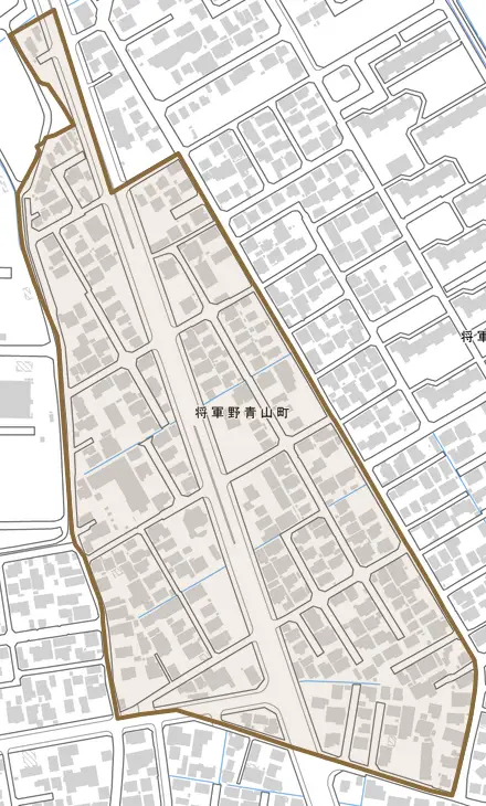 将軍野青山町とその周辺の地図。町の範囲を重ねている
