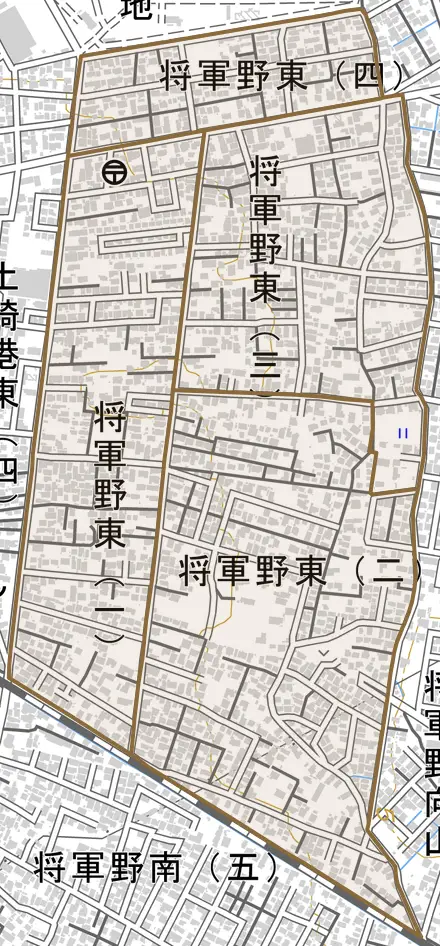 将軍野東とその周辺の地図。町の範囲を重ねている