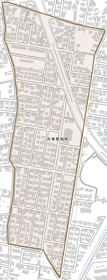 将軍野桂町とその周辺の地図。町の範囲を重ねている