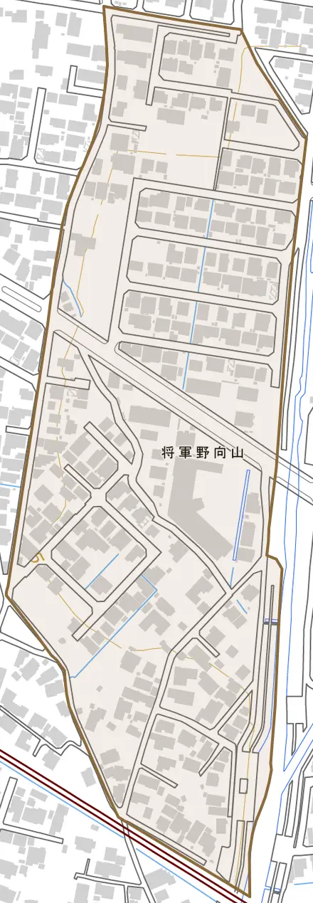 将軍野向山とその周辺の地図。町の範囲を重ねている