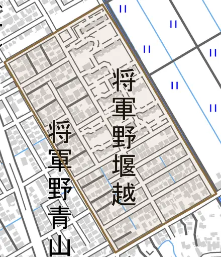 将軍野堰越とその周辺の地図。町の範囲を重ねている