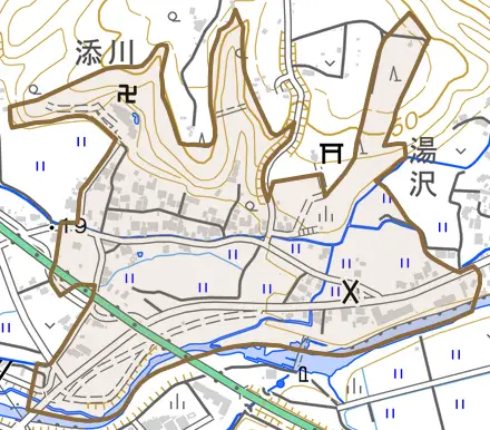 添川とその周辺の地図。町の範囲を重ねている