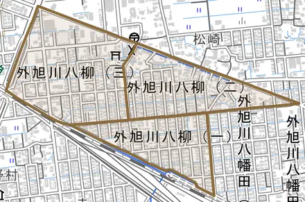 外旭川八柳とその周辺の地図。町の範囲を重ねている