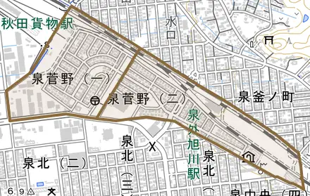 泉菅野とその周辺の地図。町の範囲を重ねている