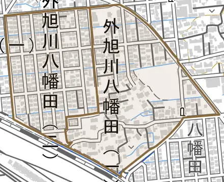 外旭川八幡田とその周辺の地図。町の範囲を重ねている