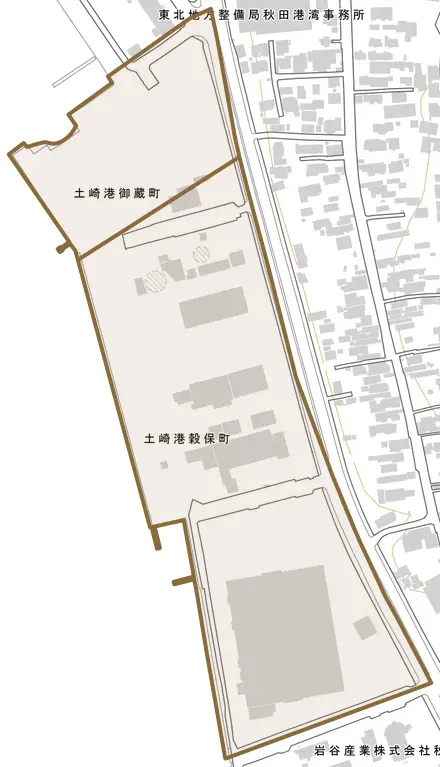 土崎港とその周辺の地図。町の範囲を重ねている