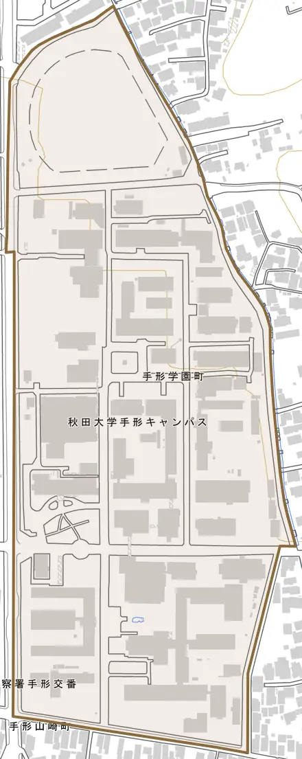 手形学園町とその周辺の地図。町の範囲を重ねている