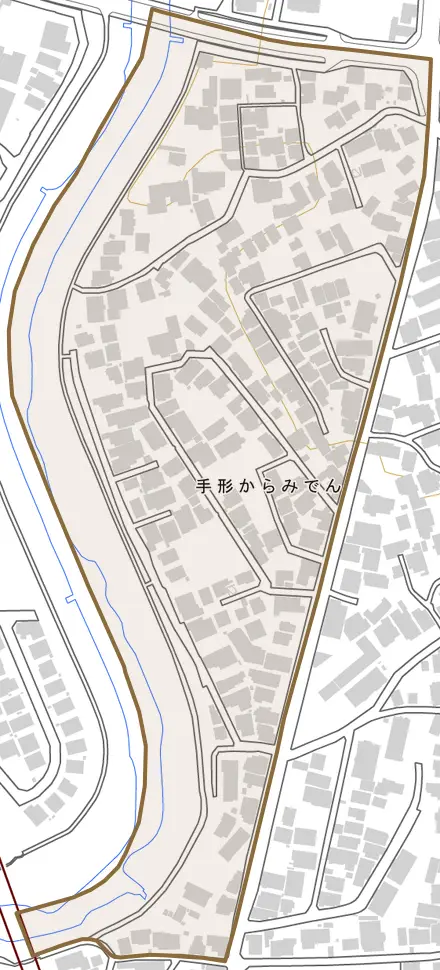 手形からみでんとその周辺の地図。町の範囲を重ねている