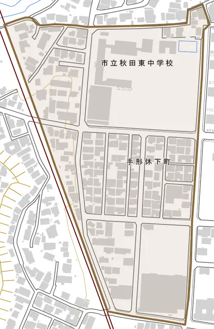 手形休下町とその周辺の地図。町の範囲を重ねている