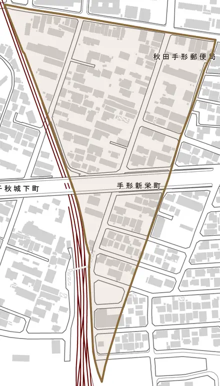 手形新栄町とその周辺の地図。町の範囲を重ねている