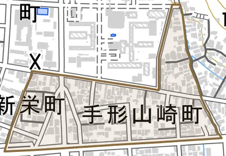 手形山崎町とその周辺の地図。町の範囲を重ねている
