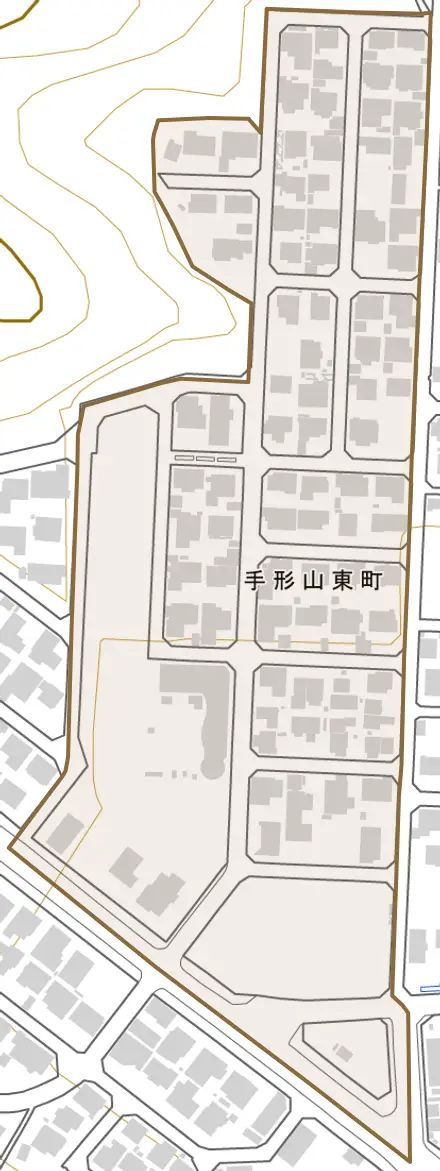 手形山東町とその周辺の地図。町の範囲を重ねている