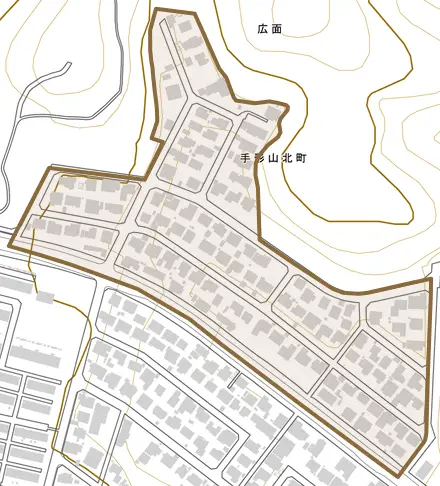 手形山北町とその周辺の地図。町の範囲を重ねている