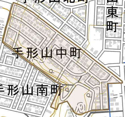 手形山中町とその周辺の地図。町の範囲を重ねている