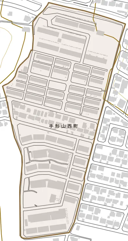 手形山西町とその周辺の地図。町の範囲を重ねている